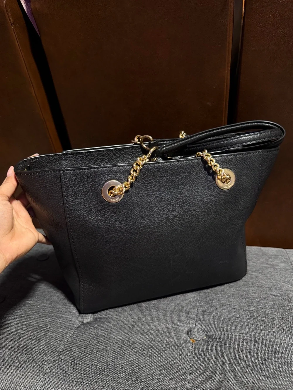 Coach Black Leather Tote with Gold Chain Details